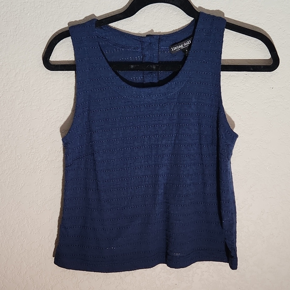 Living Doll Tank Top Shirt Sizs S button back navy blue